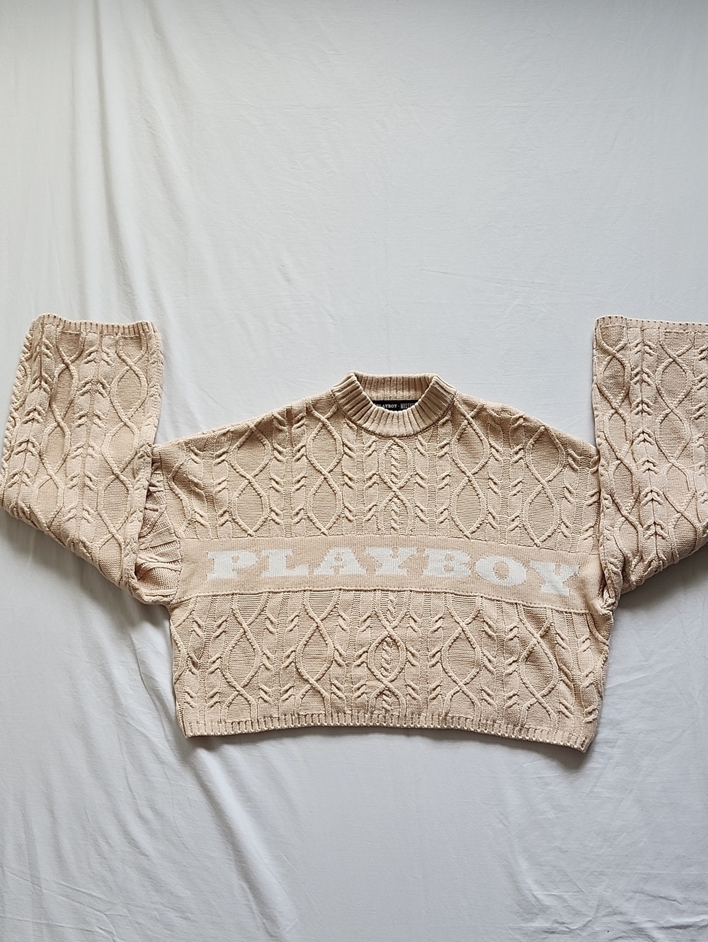 Playboy x Missguided Tan Cable Knit Cropped Sweater Logo Bell Sleeve Size 4 NWOT